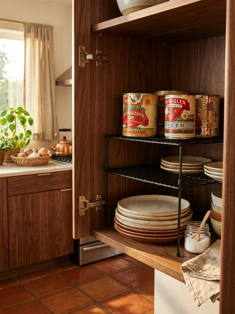 Wire stacking risers inside kitchen cabinet doubling storage space for canned goods