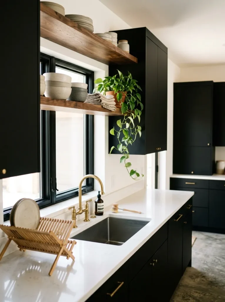Two floating wood shelves stacked above kitchen sink holding dishware and a small plant
