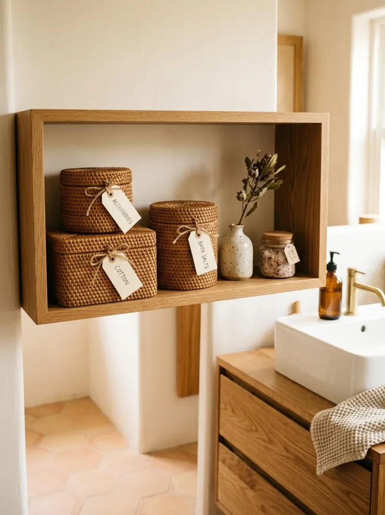 Open bathroom shelf with three stacked natural rattan lidded boxes labelled in handwritten chalk tags, beside a white basin on a warm wood vanity