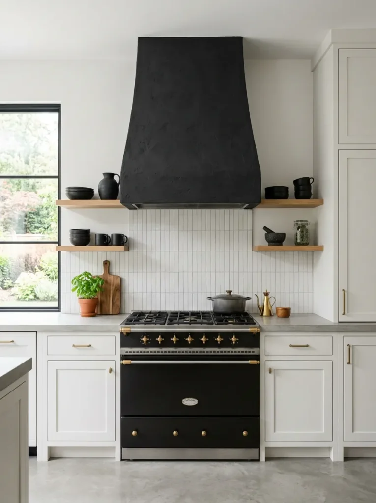 Kitchen with an oversized matte black plaster range hood as the focal point