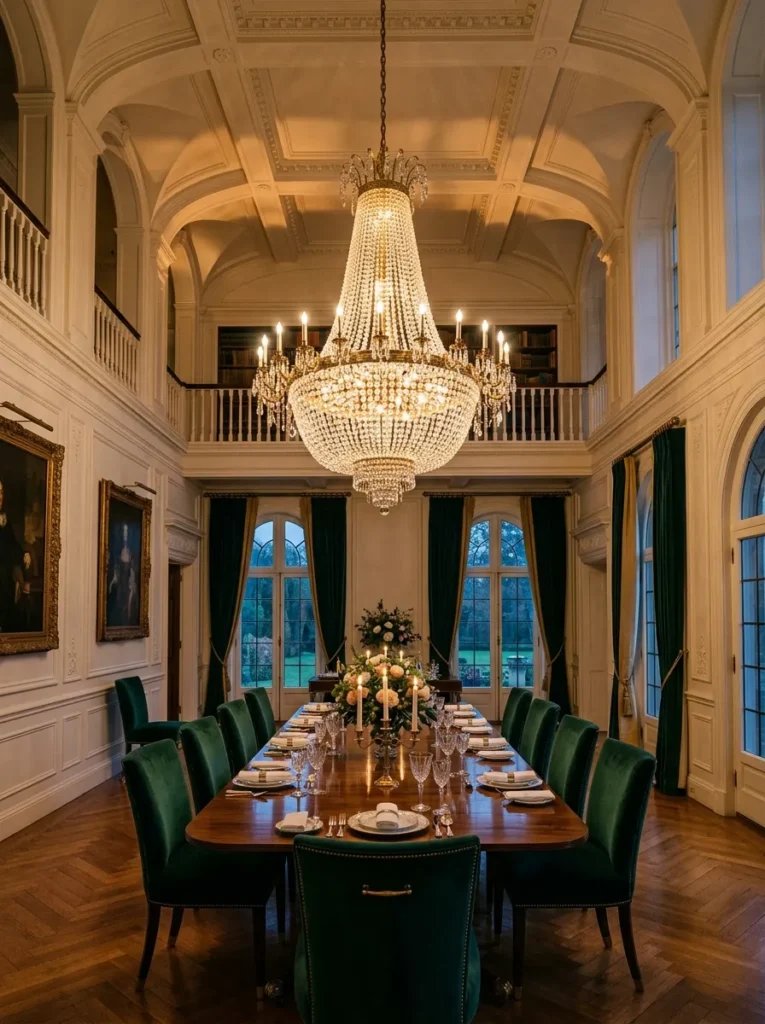  Large brass and crystal chandelier hanging above a long dining table in a luxury dining room
