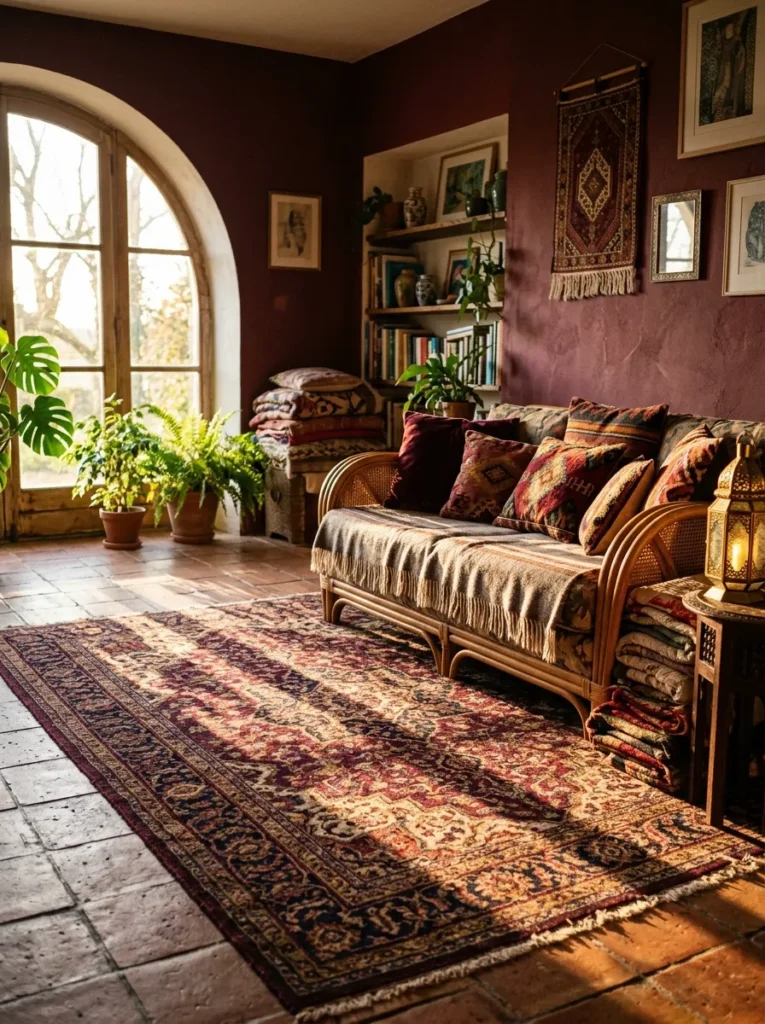  Dark living room with deep jewel-toned walls pulled from a vintage Persian-style rug