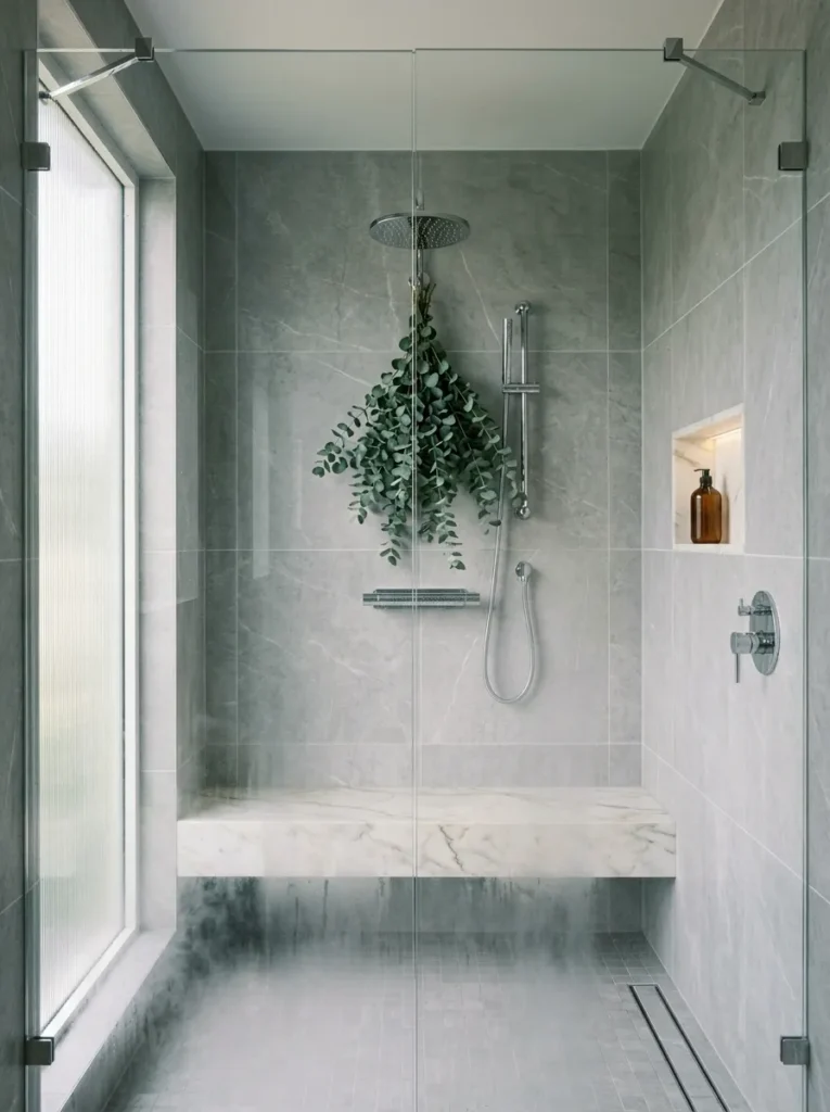 Steam shower enclosure with built-in marble bench, hanging eucalyptus bundle, large-format grey tile walls, and frameless glass door