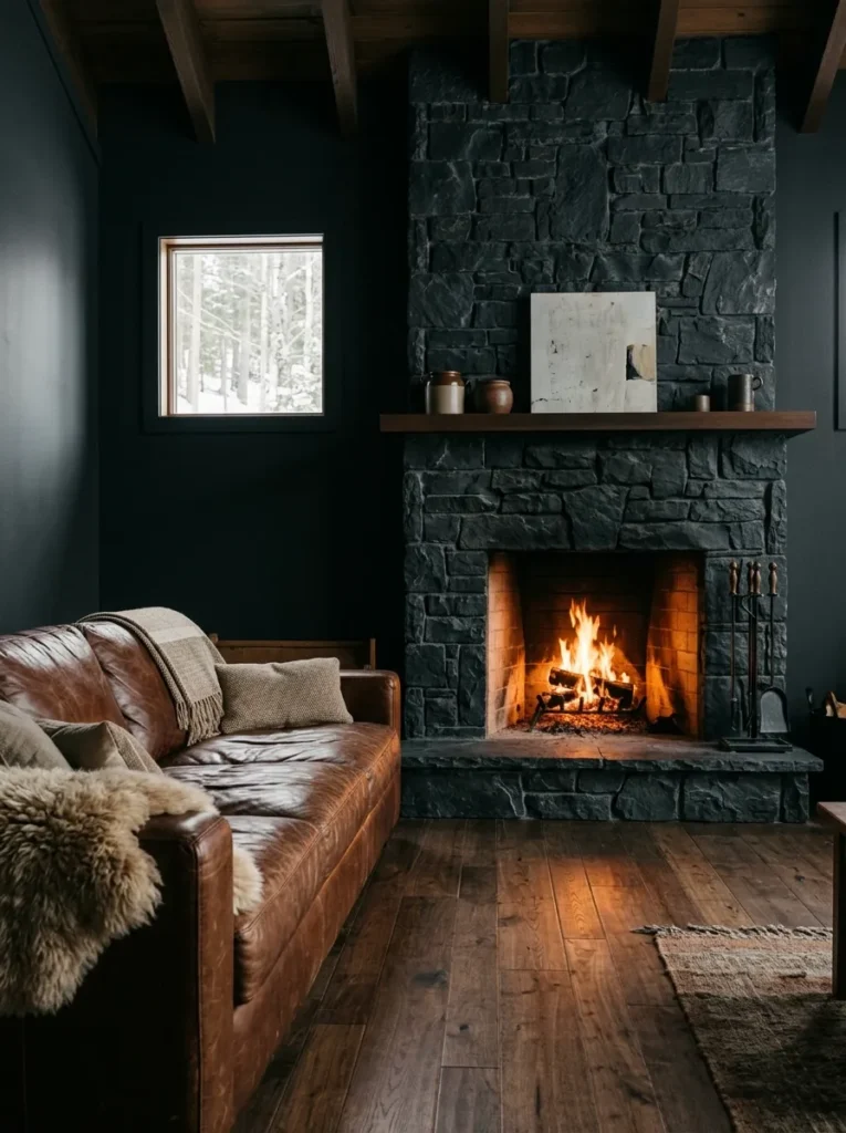 Moody living room with a dark slate stone fireplace and a sheepskin throw