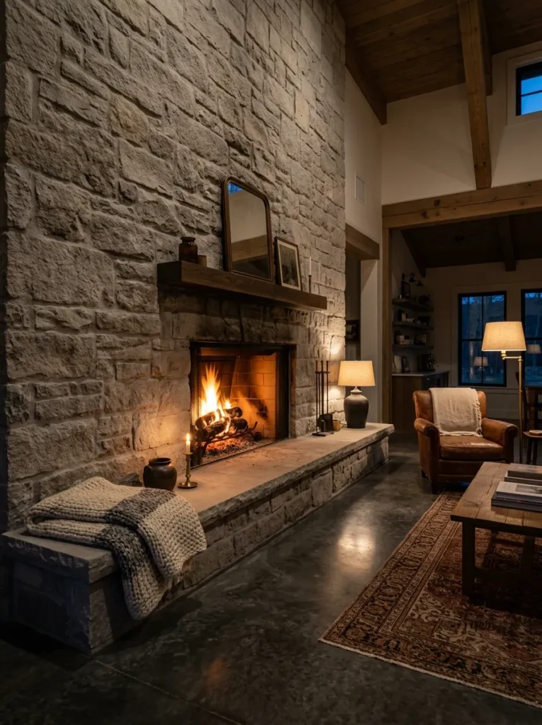 Wide stone fireplace hearth extended into a sitting ledge in a farmhouse living room
