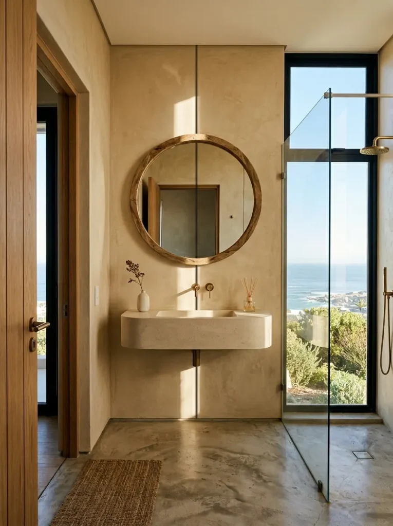 Doorway view of a floating stone resin basin beneath a teak round mirror on a warm Venetian plaster wall in a Cape Town bathroom.