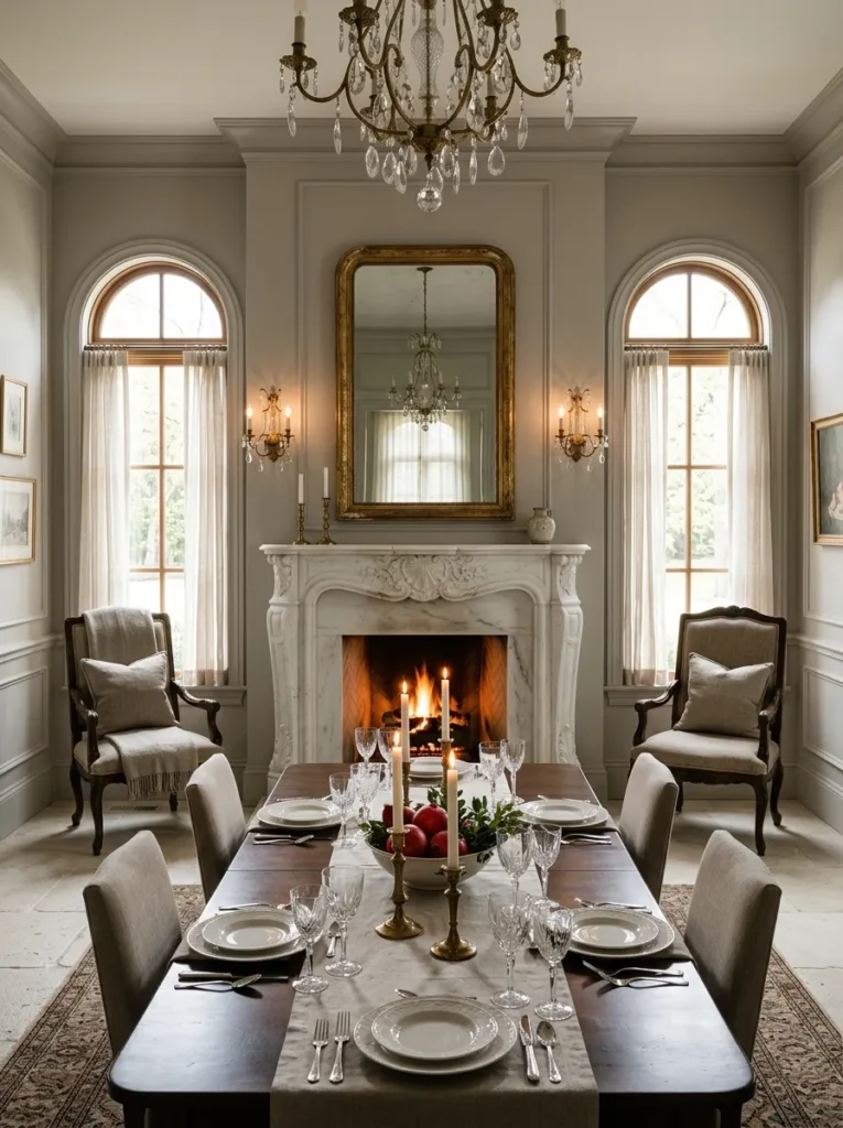 Symmetrical dining room furniture arrangement centered on a fireplace focal point in a luxury dining room