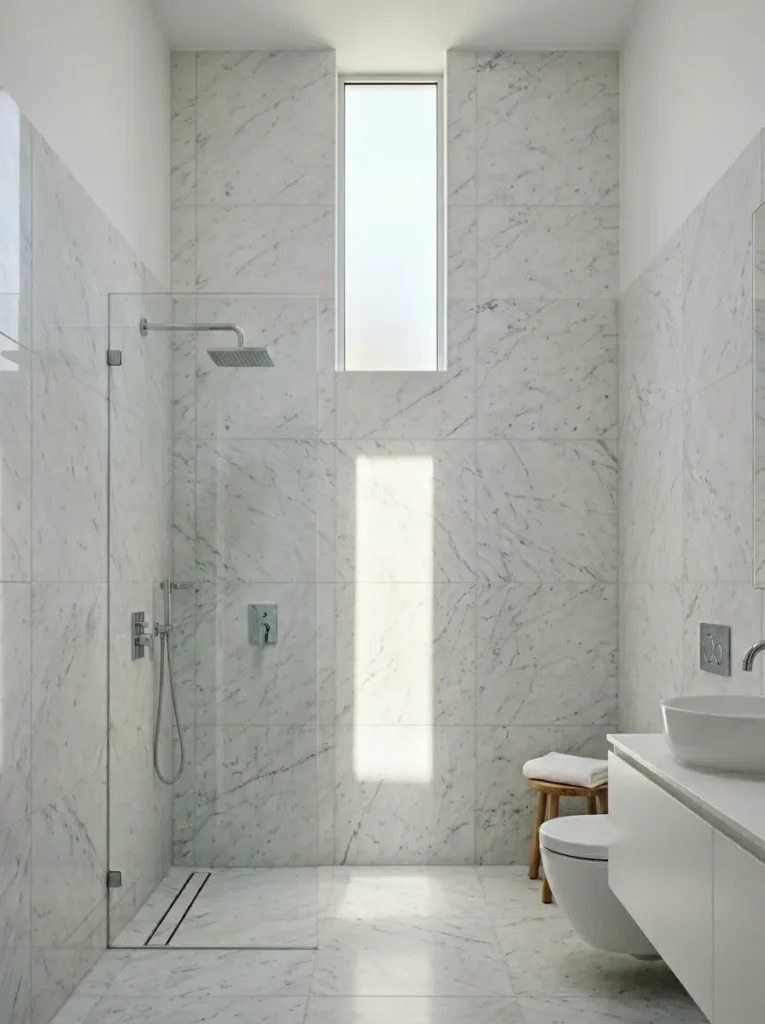 Small bathroom with a tall narrow frosted window placed high near the ceiling, flooding the room with diffused natural light above a white marble shower