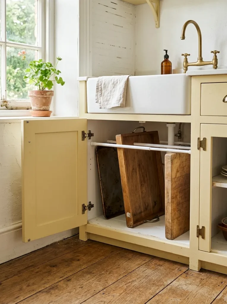Tension rods creating vertical divider slots under sink for cutting boards and trays