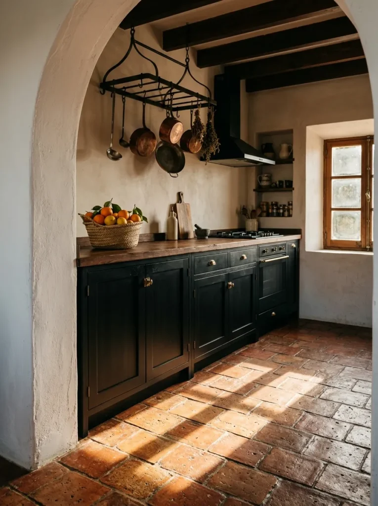 Mediterranean-style dark kitchen with warm terracotta clay tile flooring