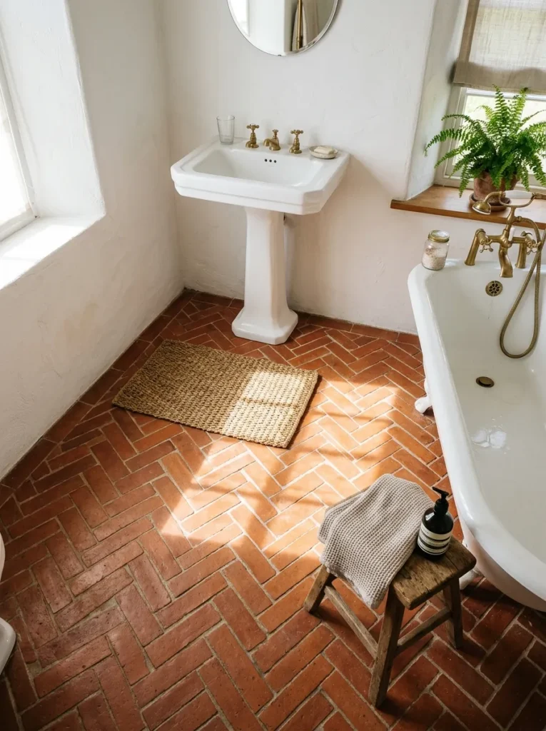 Warm terracotta floor tile throughout a sunlit earthy bathroom