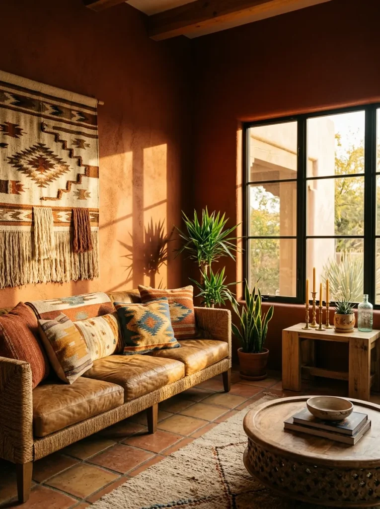  Dark living room with deep terracotta walls and woven bohemian textiles
