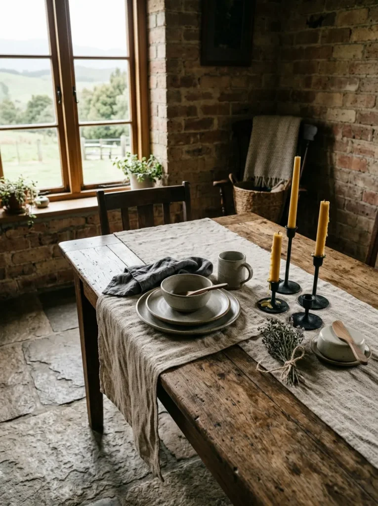 Rough-woven linen table runner with hand-thrown stoneware and beeswax candles on an aged teak table in a New Zealand farmhouse dining room.