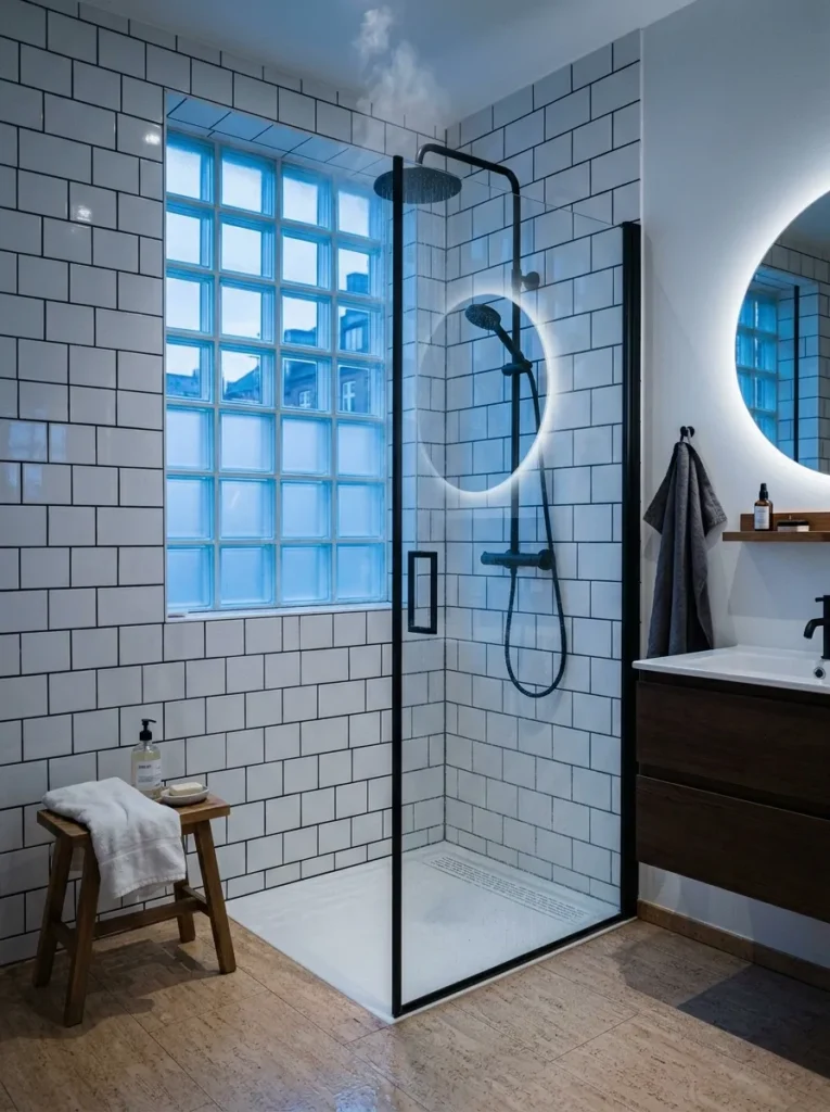 White subway tiles with charcoal contrast grout in a steam-filled minimalist shower in a Copenhagen bathroom.