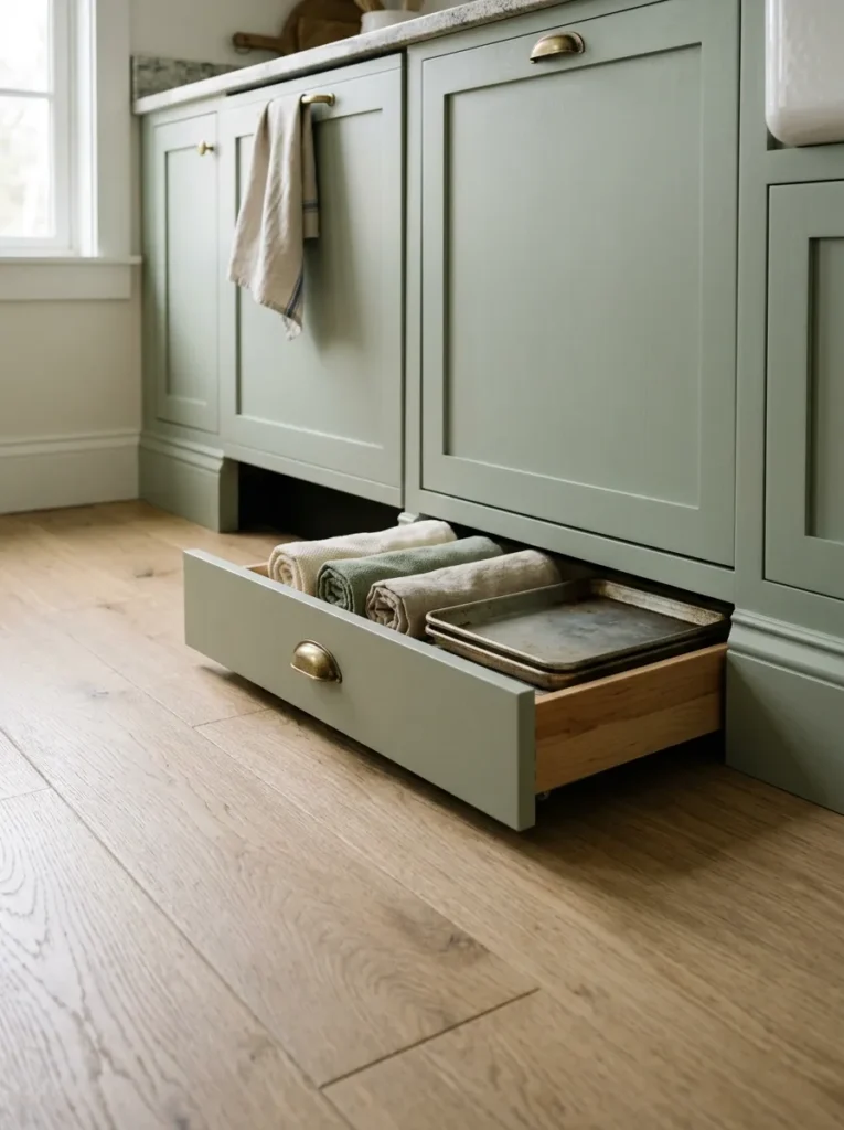 Pull-out toe-kick drawer installed beneath white kitchen cabinets storing rolled linens