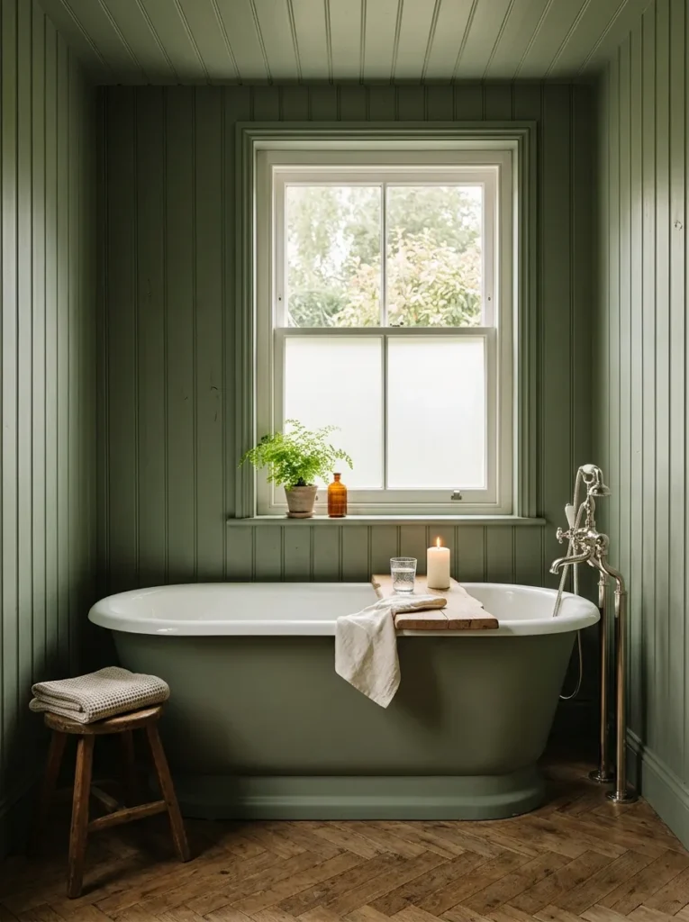  Cozy bathroom with floor-to-ceiling sage green tongue-and-groove panelling, freestanding roll-top bath, and warm candlelight on a marble shelf
