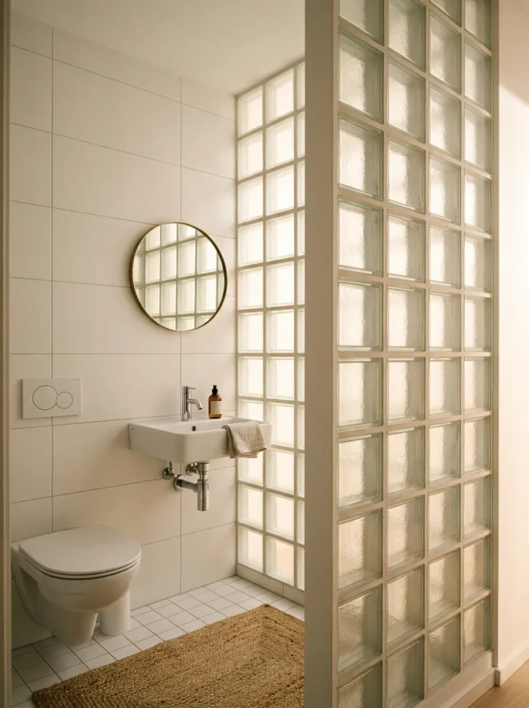 Small internal bathroom with a glass brick panel wall section between the bathroom and an adjacent room, filling the space with diffused natural light