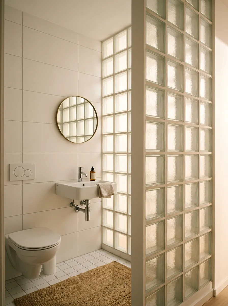Small internal bathroom with a glass brick panel wall section between the bathroom and an adjacent room, filling the space with diffused natural light