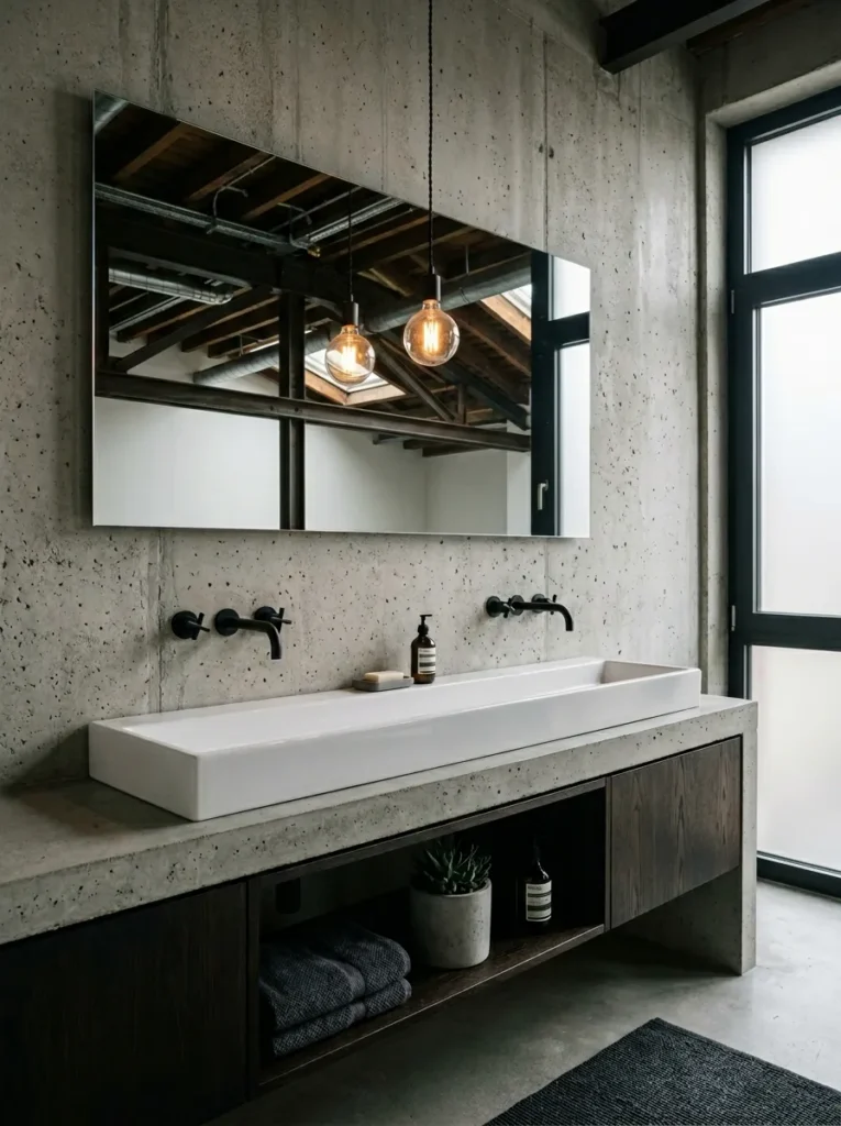 White ceramic trough basin in a poured concrete countertop with matte black wall-mounted taps in a minimal loft bathroom.