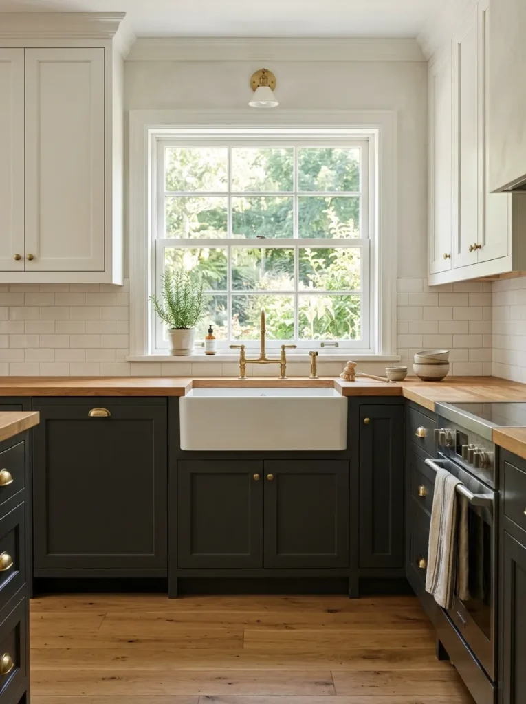 Kitchen with charcoal lower cabinets and white upper cabinets and a butcher block counter