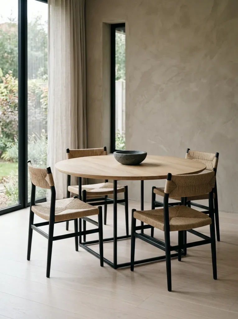 Two-tone round dining table with a light oak top and black steel base in a minimalist dining room