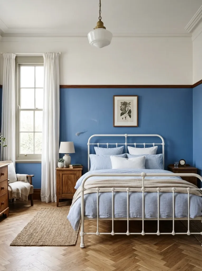 Bedroom with blue paint on the lower half of the walls and white paint above