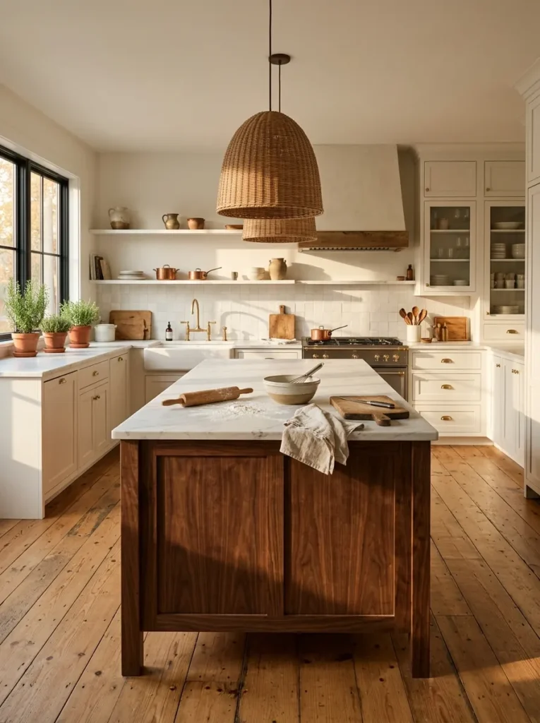 White perimeter cabinets paired with a warm wood island in a two-tone kitchen