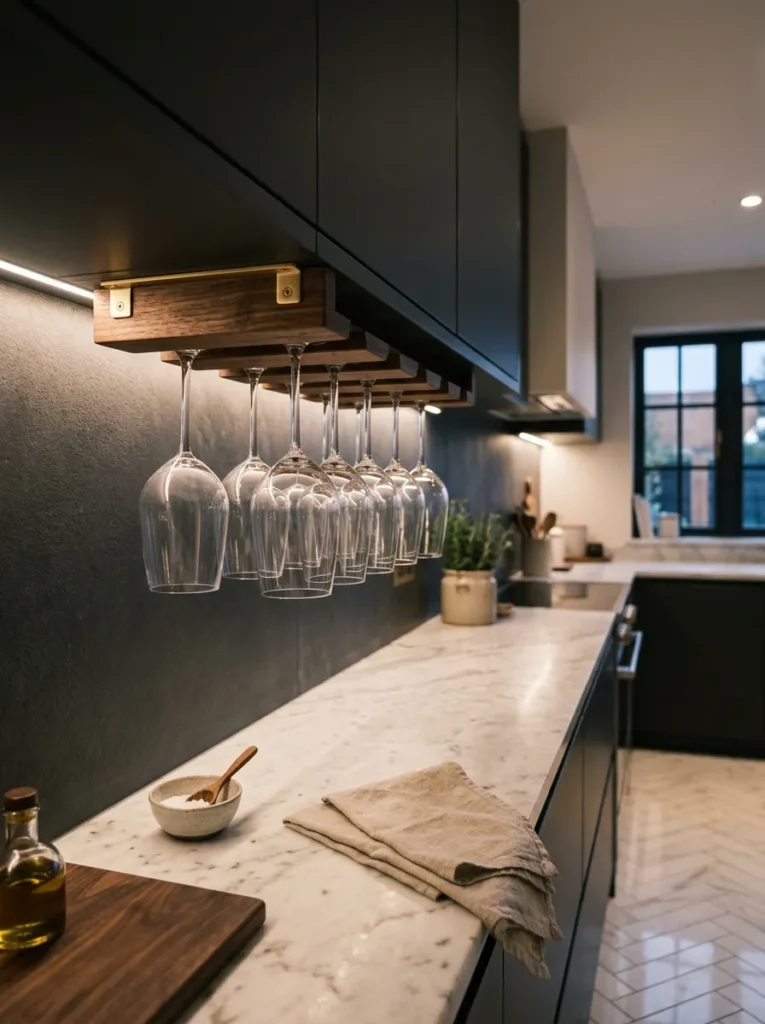 Wood under-cabinet stemware rack holding hanging wine glasses by their stems