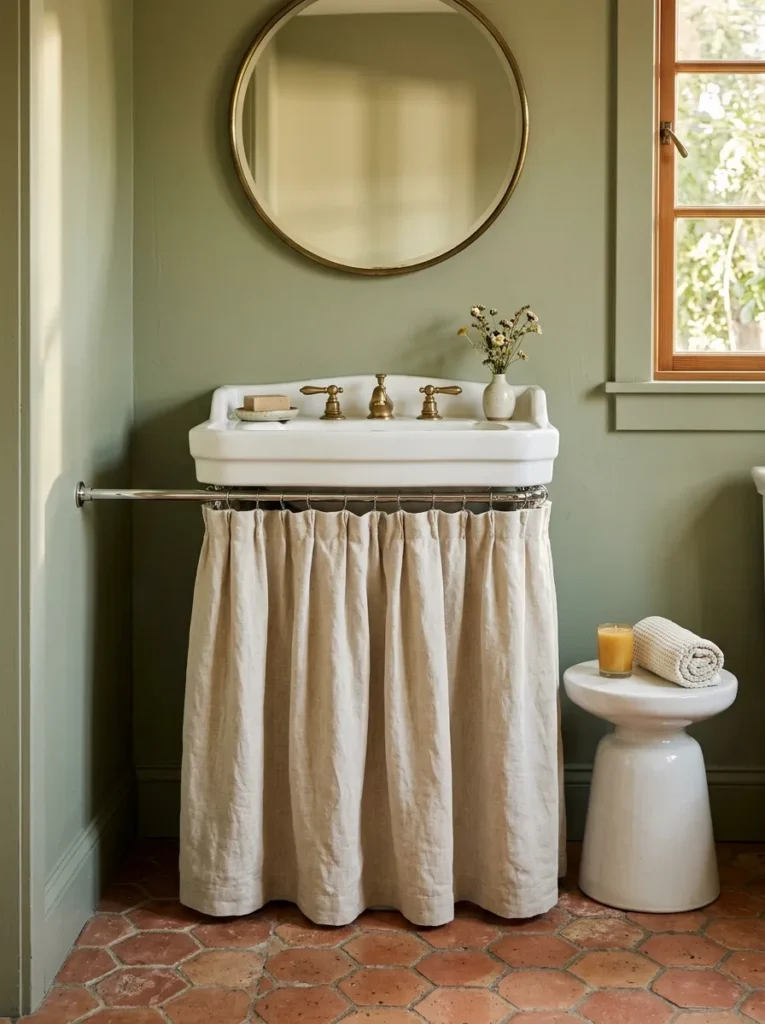 Pedestal sink with a linen gathered curtain hiding under-sink storage bins on a tension rod in a sage and white bathroom with terracotta floor tiles