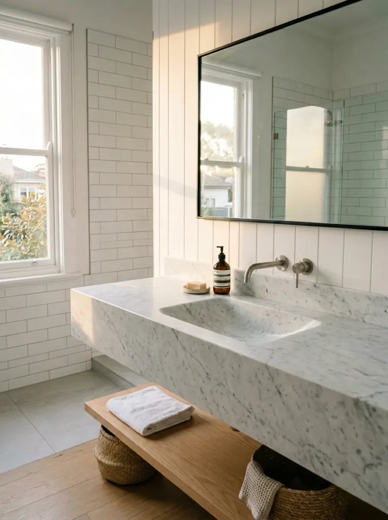 Undermount basin below a continuous honed Bianco Carrara marble countertop with brushed nickel wall-mounted taps.