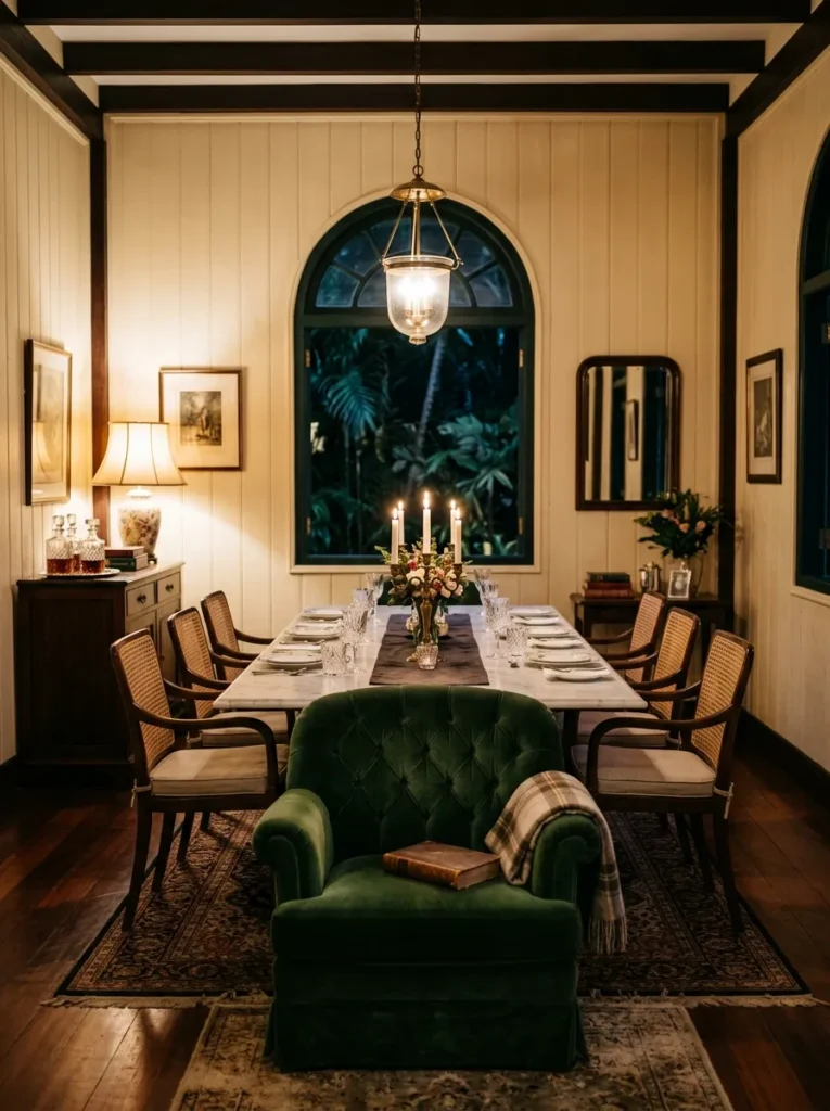 Forest green velvet upholstered armchair at the head of a marble dining table in a colonial Singapore room with cream panelled walls.