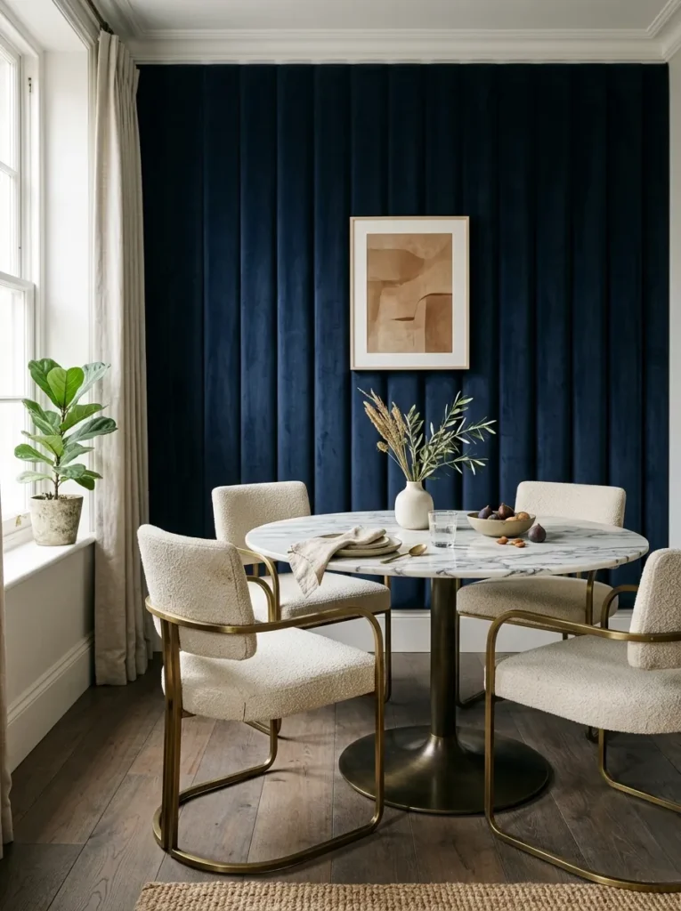 Channel-tufted upholstered wall paneling in deep blue behind a dining room banquette