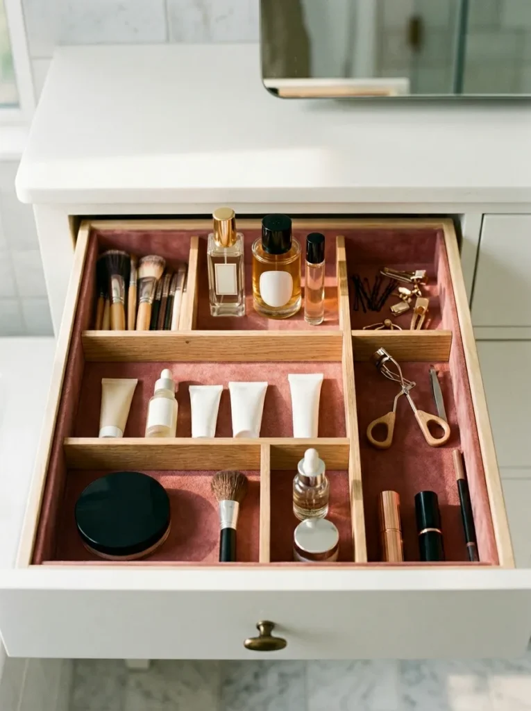 Open bathroom vanity drawer with custom wooden dividers and dusty rose velvet lining holding organised makeup brushes, perfume bottles, and skincare products