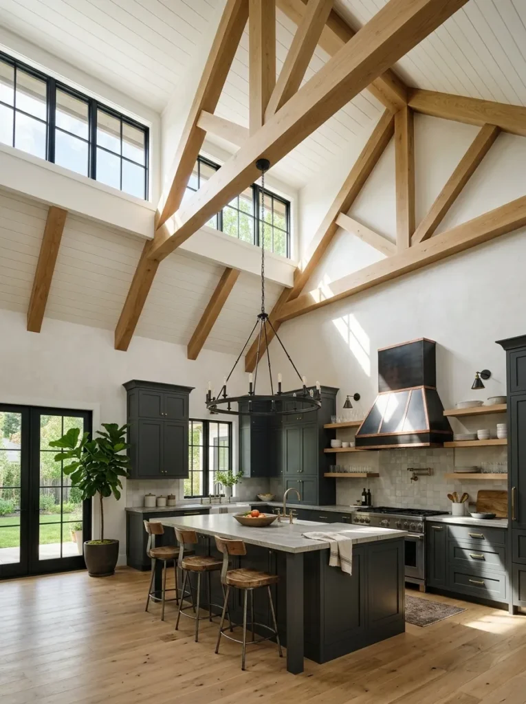 Dark kitchen with a vaulted ceiling and exposed natural wood beams creating high-low contrast