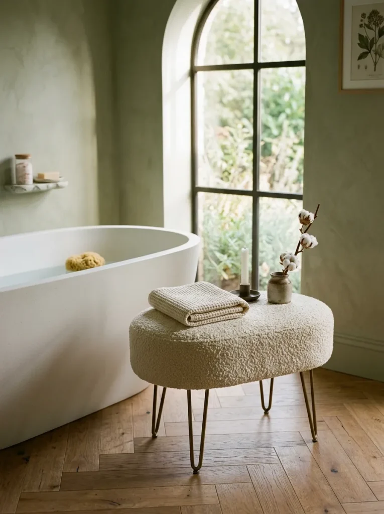 Oval boucle upholstered stool in cream beside a white freestanding bathtub on a warm herringbone oak floor with sage green walls
