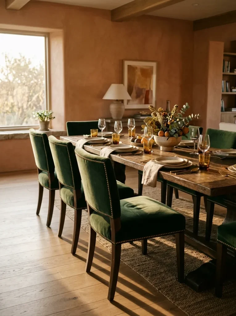  Row of deep green velvet dining chairs around a wood table in a luxury dining room
