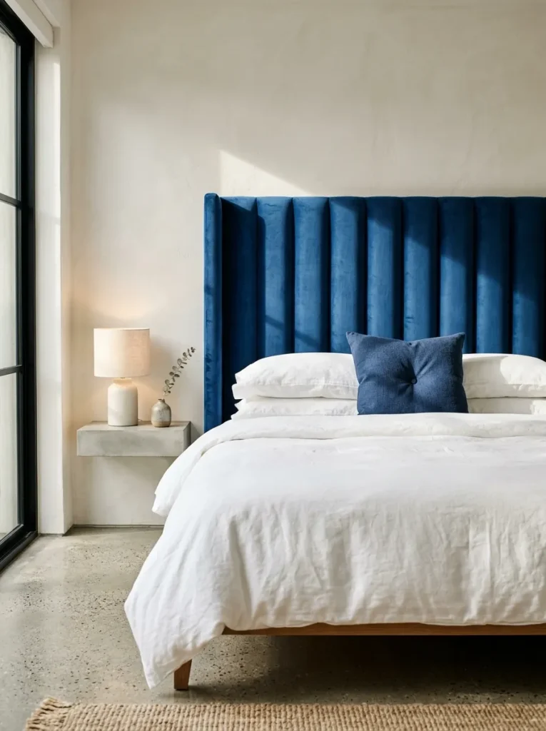 Deep blue velvet upholstered headboard with channel tufting in a modern bedroom