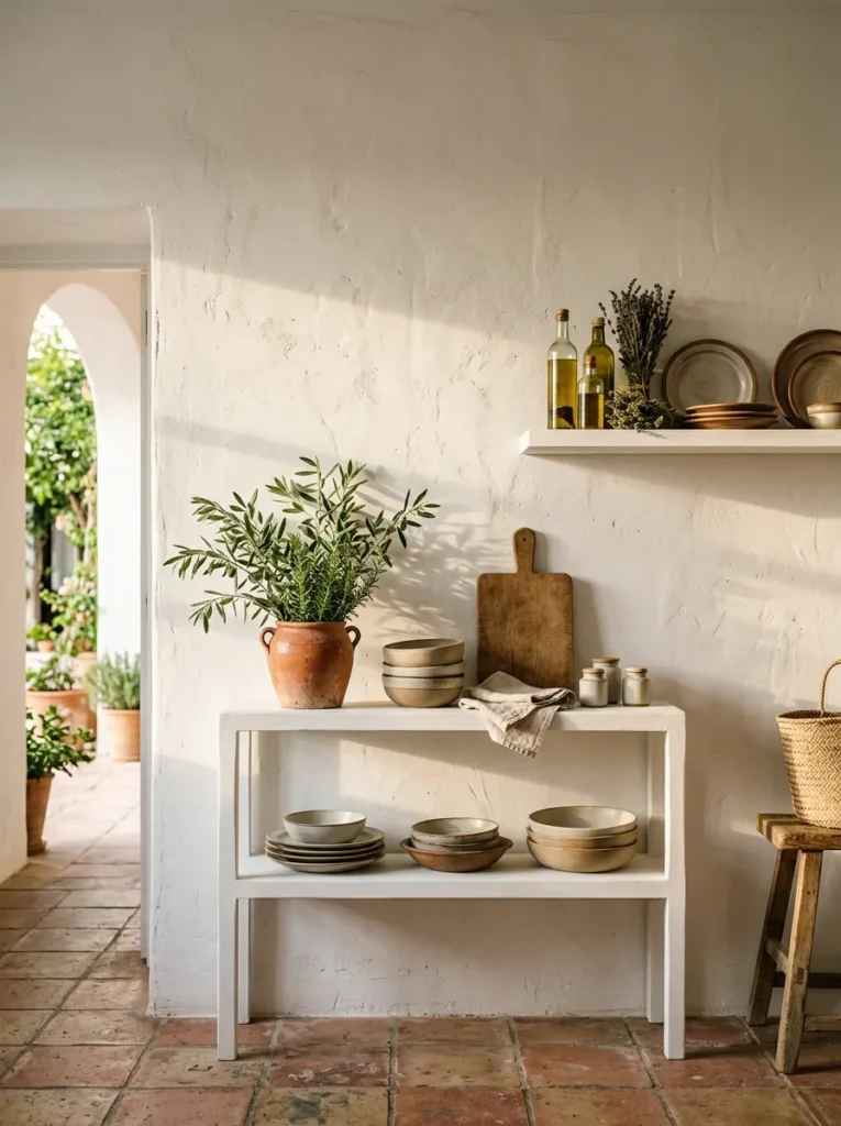 White limewash textured walls surrounding open shelving in a bright kitchen