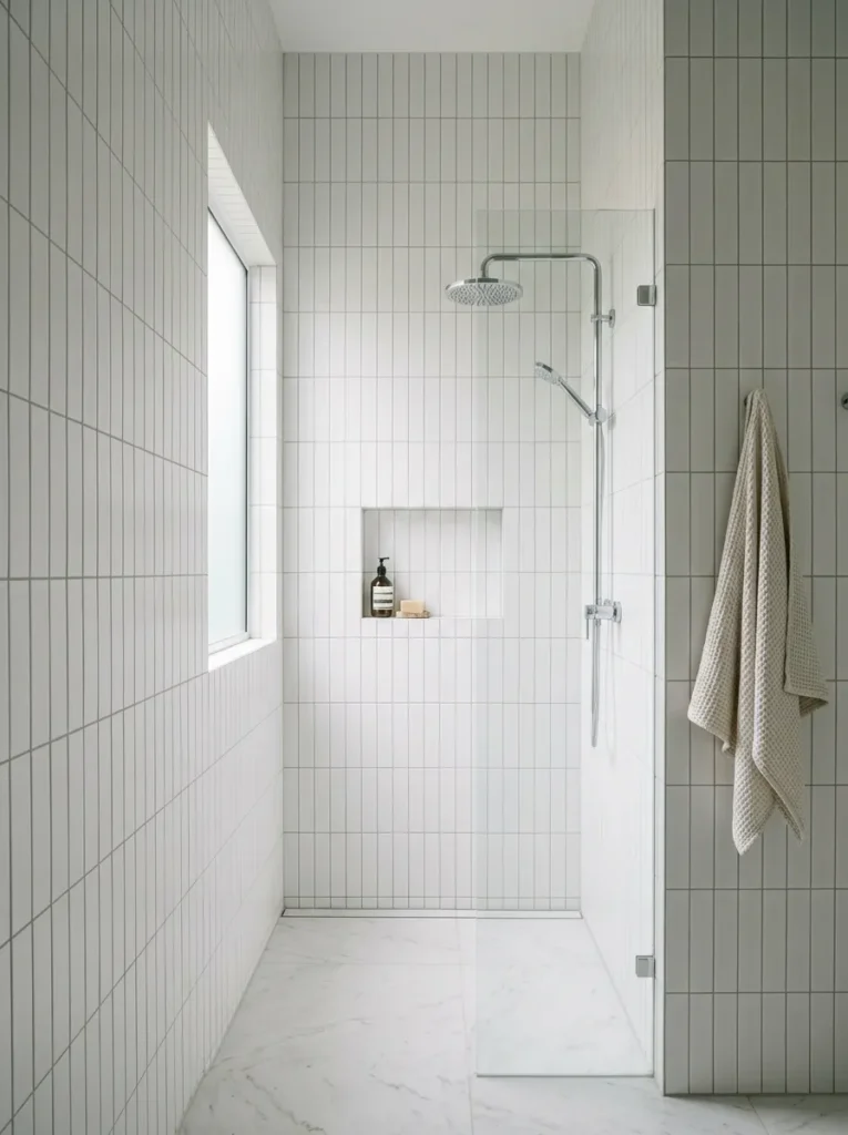 Small bathroom with white rectangular tiles laid in a vertical stack bond pattern from floor to ceiling creating a tall, elegant grid effect