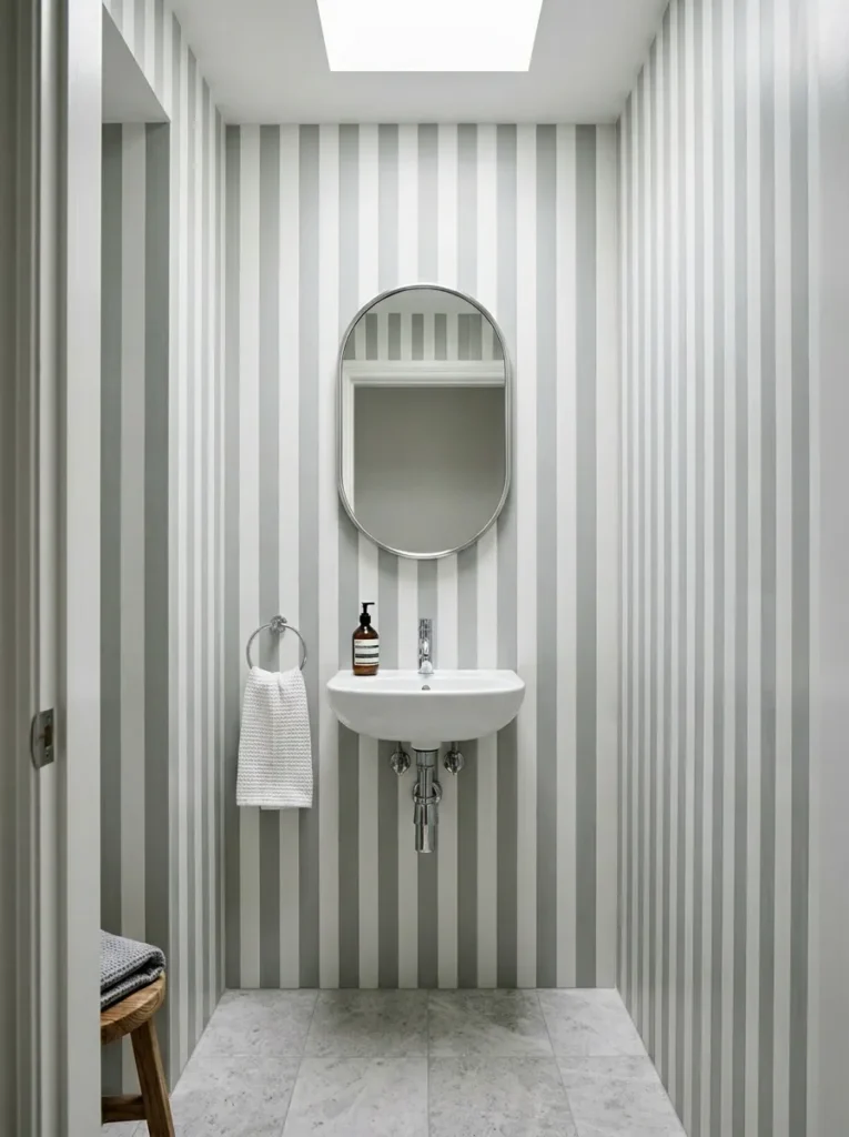 Small bathroom with floor-to-ceiling narrow vertical white and pale grey stripe tiles creating the illusion of greater ceiling height above a wall-hung sink