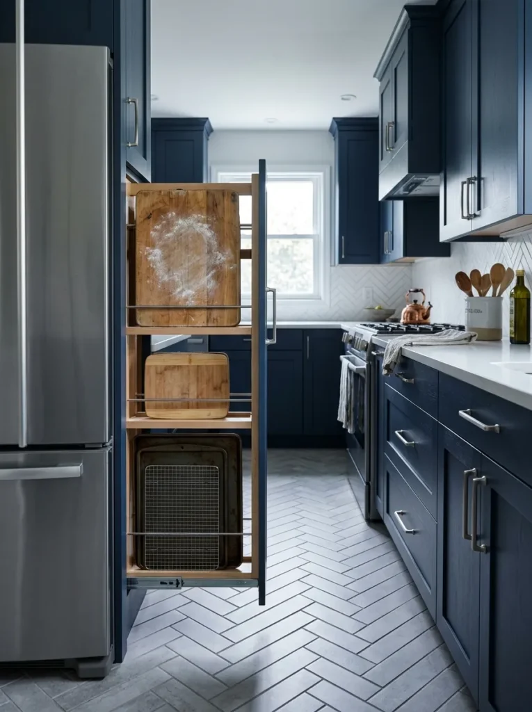 Narrow pull-out vertical divider storing baking sheets and cutting boards beside refrigerator
