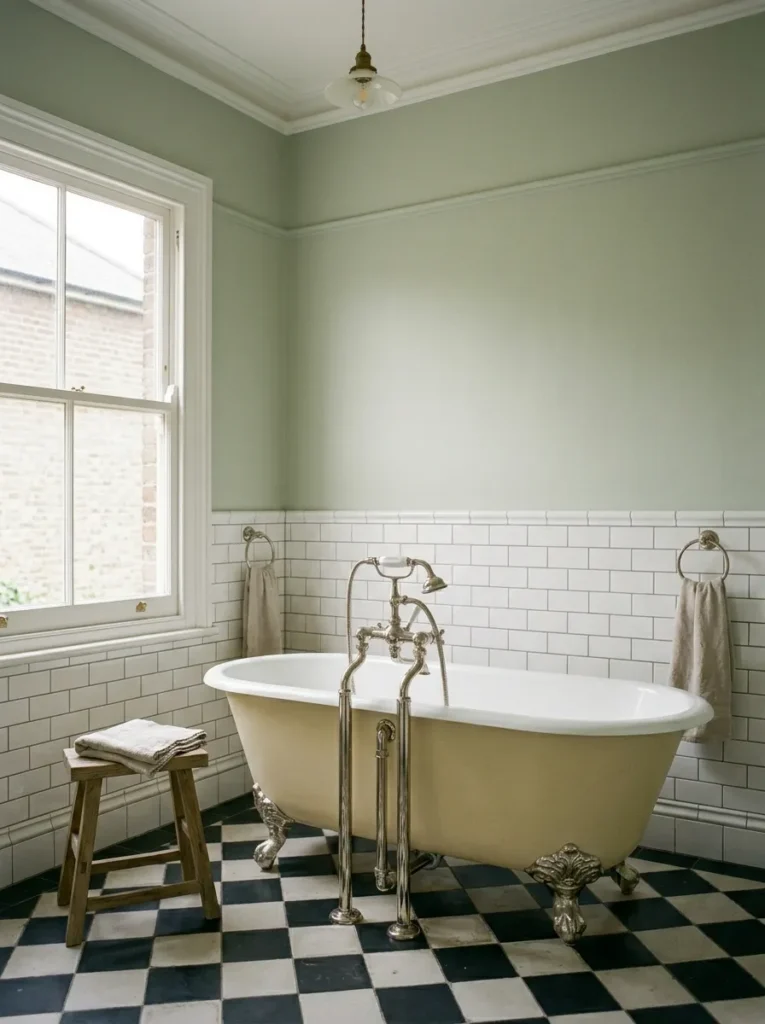 Roll-top clawfoot bathtub in aged ivory with exposed nickel plumbing, placed on original Victorian chequerboard floor in a tall-ceilinged bathroom