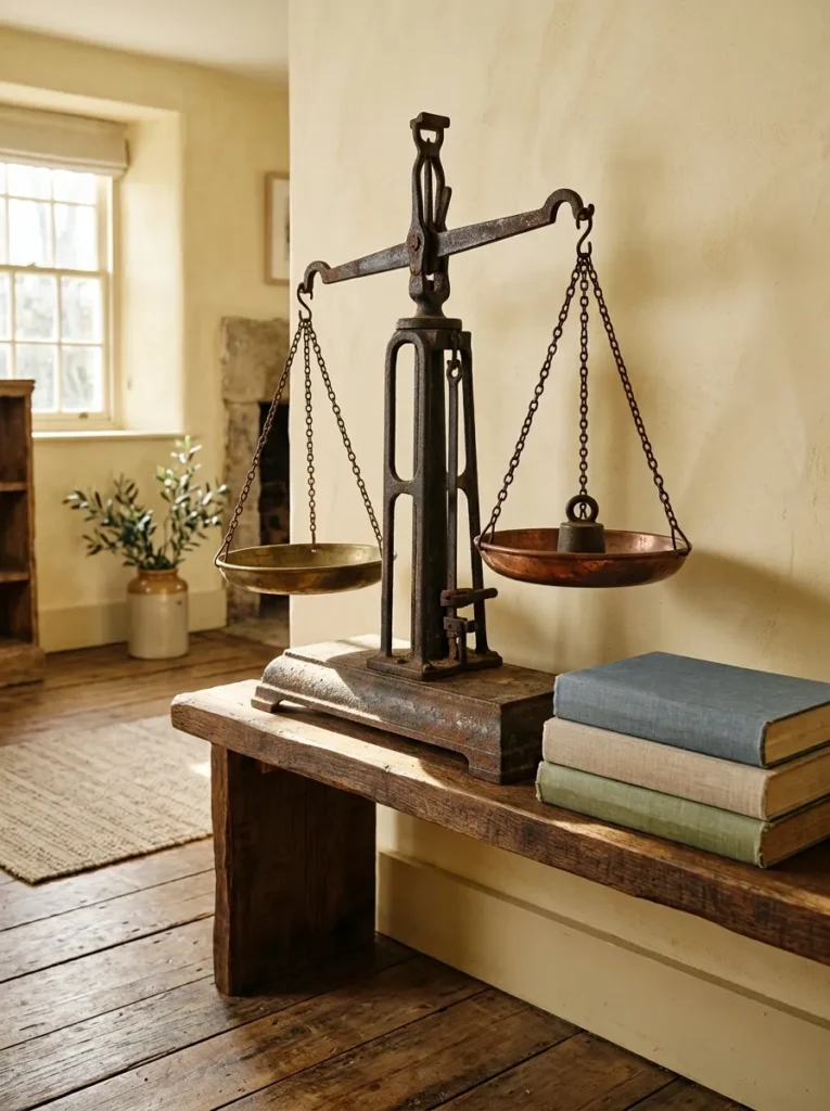 Large vintage iron scale displayed as a statement decor piece on a farmhouse living room shelf