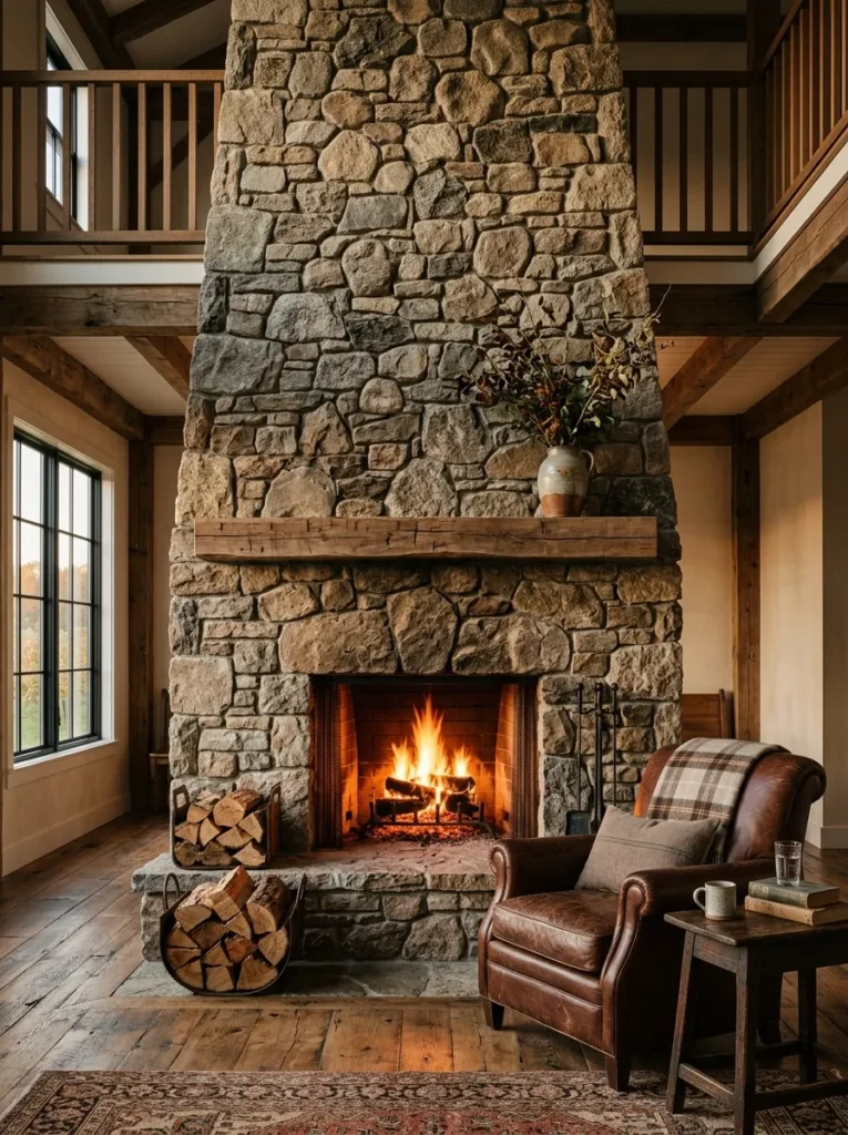  Farmhouse living room with a tall fieldstone fireplace surround and wood mantel shelf