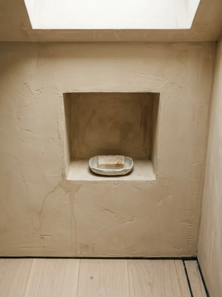 Recessed plaster niche with intentionally imperfect texture in a shower wall