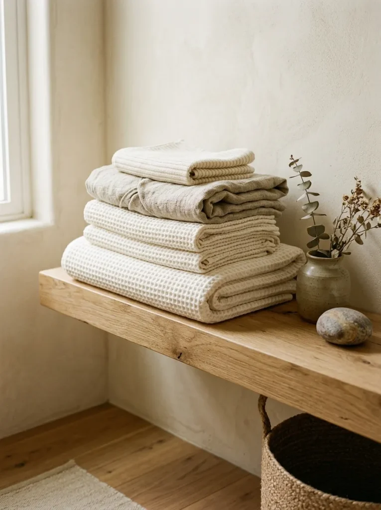 Folded ivory waffle cotton and undyed linen towels stacked on an open wood shelf in a warm neutral bathroom with warm oak floor and cream walls
