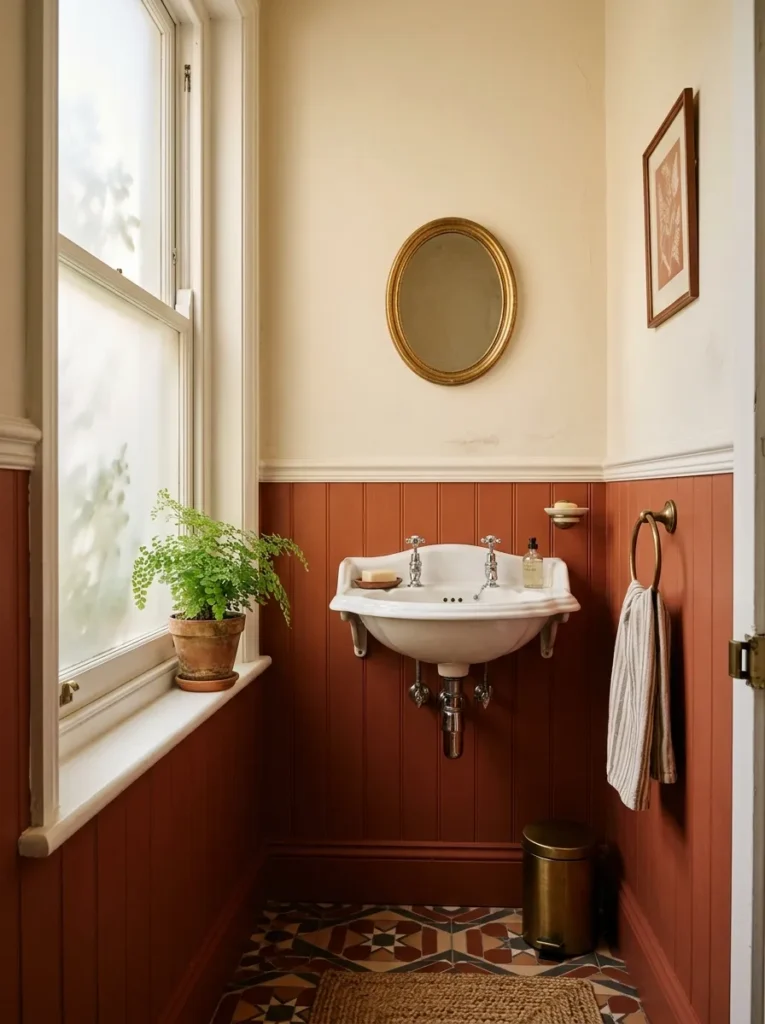 Bathroom with deep terracotta painted wainscotting below a soft cream upper wall, small Victorian sink, and a narrow window with frosted glass

