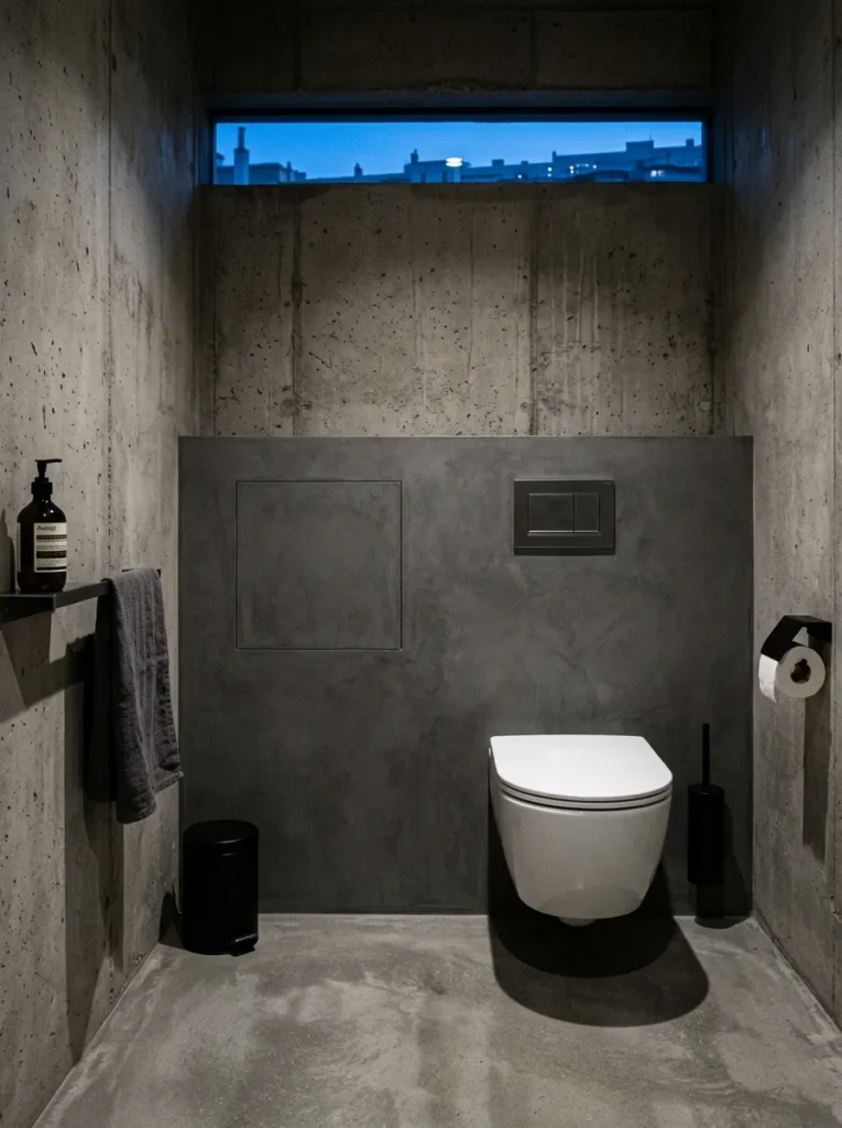 Wall-hung toilet with concealed cistern behind a flush microcement panel in a brutalist concrete bathroom.