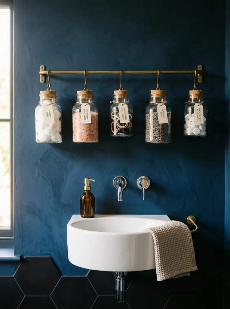 Row of wall-mounted glass apothecary jars with cork lids on a brass rail bracket above a sink, holding cotton balls, bath salts, and hair bands in a blue bathroom