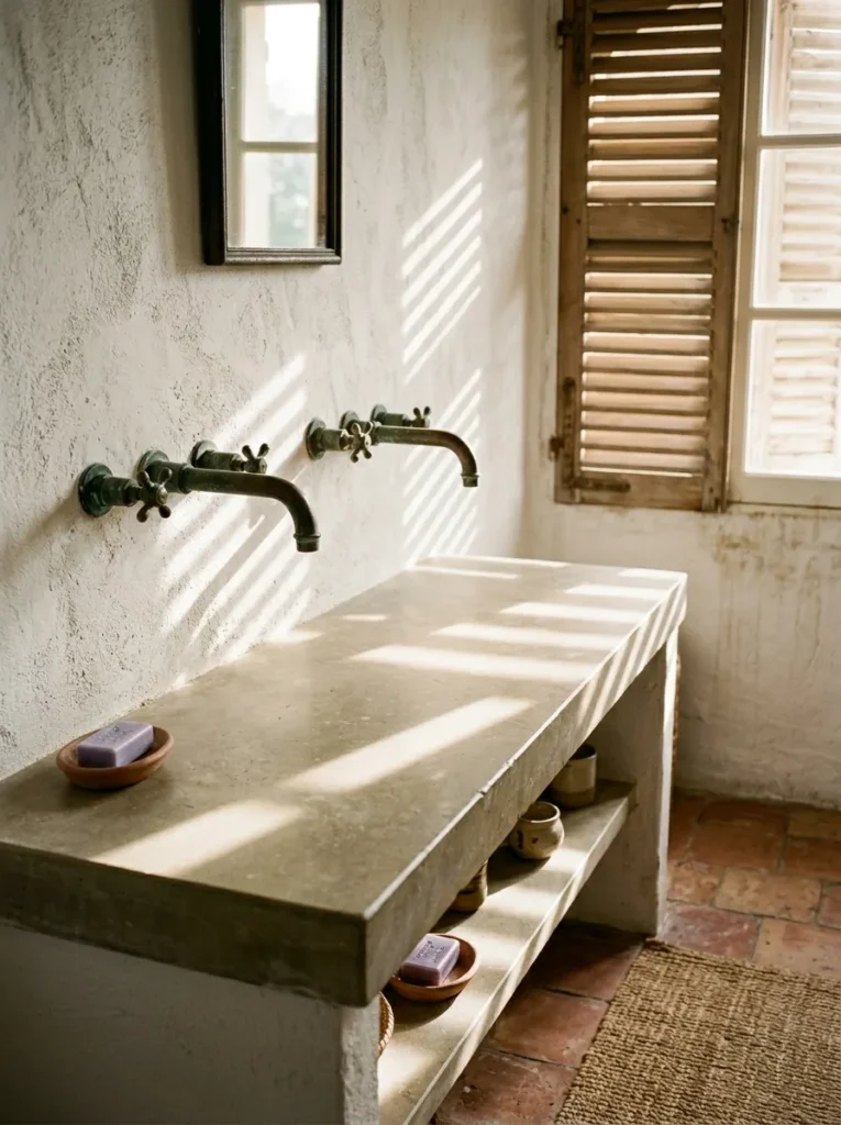 Wall-mounted aged bronze taps above an unperforated olive limestone countertop in a Provençal bathroom.